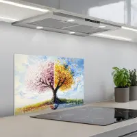 KitchenYeah Spatscherm 60x40 cm - Zelfklevende achterwand Boom - Kunst - Seizoenen - Lente - Herfst - Keuken muurbeschermer - Spatwand fornuis