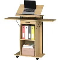 Merax Verrijdbare Lessenaar – Rollend Spreekgestoelte met Klapzijdes – Podiumtafel met Schuiflade en Opbergvakken – Eikenlook – 126×37×136 cm