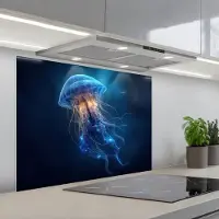 KitchenYeah Spatscherm 90x70 cm - Zelfklevende achterwand Kwal - Lichtgevend - Tentakels - Blauw - Keuken muurbeschermer - Spatwand fornuis