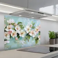 KitchenYeah Spatscherm 90x70 cm - Zelfklevende achterwand Bloesem - Bladeren - Lichtblauw - Keuken muurbeschermer - Spatwand fornuis