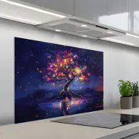KitchenYeah Spatscherm 100x65 cm - Zelfklevende achterwand Kosmisch - lichtboom - Kerst - Kleurrijk - Keuken muurbeschermer - Spatwand fornuis