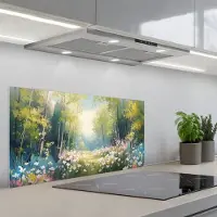 KitchenYeah Spatscherm 80x40 cm - Zelfklevende achterwand Bos - Schilderstijl - Kleurrijk - Keuken muurbeschermer - Spatwand fornuis