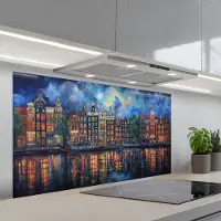 KitchenYeah Spatscherm 120x60 cm - Zelfklevende achterwand Grachten Amsterdam - Huizen - Stad - Kleurrijk - Keuken muurbeschermer - Spatwand fornuis