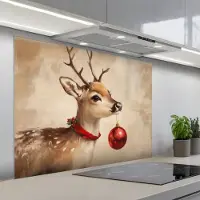 KitchenYeah Spatscherm 100x75 cm - Zelfklevende achterwand Kerst - Hert - Gewei - Kerstbal - Rendier - Keuken muurbeschermer - Spatwand fornuis