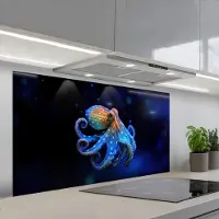 KitchenYeah Spatscherm 120x60 cm - Zelfklevende achterwand Octopus - Stippen - Blauw - Zee - Keuken muurbeschermer - Spatwand fornuis