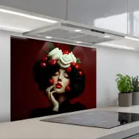 KitchenYeah Spatscherm 90x70 cm - Zelfklevende achterwand Vrouw - Kersen - Slagroom - Keuken muurbeschermer - Spatwand fornuis