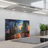 KitchenYeah Spatscherm 60x40 cm - Zelfklevende achterwand Auto - Skyline - Zon - Blauw - Keuken muurbeschermer - Spatwand fornuis
