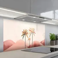 KitchenYeah Spatscherm 120x60 cm - Zelfklevende achterwand Palmbomen - Heuvels - Minimalistisch - Zachtroze - Keuken muurbeschermer - Spatwand fornuis
