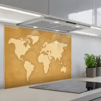 KitchenYeah Spatscherm 90x60 cm - Zelfklevende achterwand Wereldkaart - Egale structuur - Warme parchmentint - Keuken muurbeschermer - Spatwand fornuis