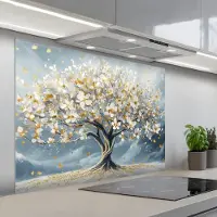 KitchenYeah Spatscherm 100x75 cm - Zelfklevende achterwand Boom - Winter - Levensboom - Modern - Goud - Keuken muurbeschermer - Spatwand fornuis