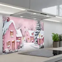 KitchenYeah Spatscherm 80x55 cm - Zelfklevende achterwand Kerstdorp - Roze - Winter - Sneeuw - Huizen - Keuken muurbeschermer - Spatwand fornuis