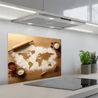 KitchenYeah Spatscherm 70x50 cm - Zelfklevende achterwand Hout - Wereldkaart - Bakken - Keuken - Keuken muurbeschermer - Spatwand fornuis