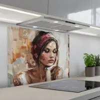 KitchenYeah Spatscherm 90x70 cm - Zelfklevende achterwand Vrouw - Verflook - Portret - Modern - Keuken muurbeschermer - Spatwand fornuis