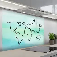 KitchenYeah Spatscherm 120x80 cm - Zelfklevende achterwand Vliegtuig - Aquarel - Lijn - Wereldkaart - Keuken muurbeschermer - Spatwand fornuis