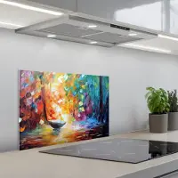 KitchenYeah Spatscherm 60x40 cm - Zelfklevende achterwand Kleurrijk - Olieverf - Water - Boot - Keuken muurbeschermer - Spatwand fornuis