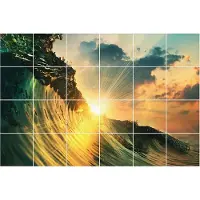 Wallfluent Tegelstickers - Een Golf In Het Zonlicht Stickers Voor Op Tegels - Set van 24 stuks 15 x 15 cm - Geel Tegelfolie Keuken - Mozaïek Landschappen Tegelfolie Badkamer