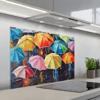 KitchenYeah Spatscherm 100x65 cm - Zelfklevende achterwand Paraplu's - Schilderij - Kunst - Regenboog - Keuken muurbeschermer - Spatwand fornuis