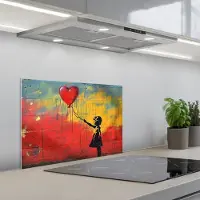 KitchenYeah Spatscherm 60x40 cm - Zelfklevende achterwand Banksy Style - Kleurrijk - Graffiti - Meisje - Street art - Keuken muurbeschermer - Spatwand fornuis