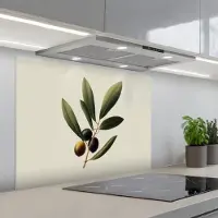 KitchenYeah Spatscherm 90x70 cm - Zelfklevende achterwand Olijftak - Donkergroen - Olijven - Keuken muurbeschermer - Spatwand fornuis