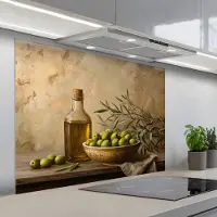 KitchenYeah Spatscherm 100x75 cm - Zelfklevende achterwand Olijven - Stilleven - Vintage - Keuken muurbeschermer - Spatwand fornuis