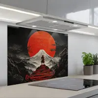 KitchenYeah Spatscherm 80x60 cm - Zelfklevende achterwand Krijger - Rode trappen - Zon - Berg - Keuken muurbeschermer - Spatwand fornuis