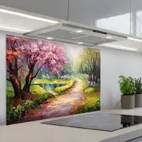 KitchenYeah Spatscherm 80x55 cm - Zelfklevende achterwand Watercolor - Natuur - Bomen - Kunst - Bloemen - Keuken muurbeschermer - Spatwand fornuis