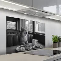 KitchenYeah Spatscherm 100x65 cm - Zelfklevende achterwand Kat - Koffie - Brood - Zwart - Keuken muurbeschermer - Spatwand fornuis