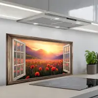 KitchenYeah Spatscherm 100x50 cm - Zelfklevende achterwand Doorkijk - Klaprozen - Bloemen - Rood - Open raam - Keuken muurbeschermer - Spatwand fornuis