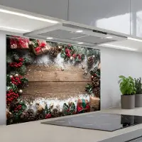KitchenYeah Spatscherm 90x60 cm - Zelfklevende achterwand Kerstdecoratie - Geschenken - Hout - Veelkleurig - Keuken muurbeschermer - Spatwand fornuis