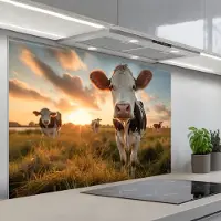 KitchenYeah Spatscherm 120x80 cm - Zelfklevende achterwand Koe - Weiland - Dieren portret - Natuur - Koeien - Keuken muurbeschermer - Spatwand fornuis