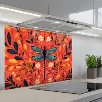 KitchenYeah Spatscherm 80x55 cm - Zelfklevende achterwand Libel - Blauw - Vleugels - Bladeren - Keuken muurbeschermer - Spatwand fornuis