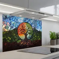 KitchenYeah Spatscherm 80x55 cm - Zelfklevende achterwand Boom - Seizoenen - Mozaïek - Bergen - Keuken muurbeschermer - Spatwand fornuis