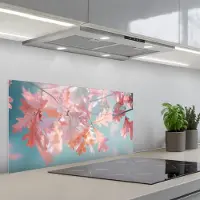 KitchenYeah Spatscherm 80x40 cm - Zelfklevende achterwand Eikenbladeren - Takken - Roze - Keuken muurbeschermer - Spatwand fornuis