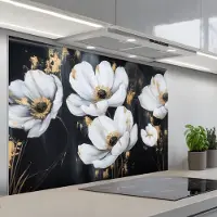 KitchenYeah Spatscherm 120x80 cm - Zelfklevende achterwand Bloemen - Wit - Abstract - Keuken muurbeschermer - Spatwand fornuis