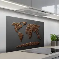 KitchenYeah Spatscherm 100x65 cm - Zelfklevende achterwand Wereldkaart - Koffie - Grijs - Keuken muurbeschermer - Spatwand fornuis