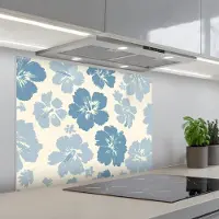 KitchenYeah Spatscherm 80x60 cm - Zelfklevende achterwand Hibiscusbloemen - Blauw - Patroon - Tropisch - Keuken muurbeschermer - Spatwand fornuis