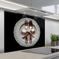 KitchenYeah Spatscherm 100x75 cm - Zelfklevende achterwand Rose - Strik - Bestek - Keuken muurbeschermer - Spatwand fornuis