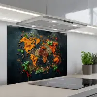 KitchenYeah Spatscherm 80x60 cm - Zelfklevende achterwand Wereldkaart - Kruiden - Levendige kleuren - Keuken muurbeschermer - Spatwand fornuis