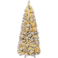 Costway 180 cm kunstkerstboom met verlichting en sneeuw - pop-up potloodvormige kunstboom - met 170 LEDs - kerstboom - 517 takken