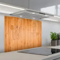 KitchenYeah Spatscherm 90x70 cm - Zelfklevende achterwand Houtstructuur - Print van hout - Bestek - Soep - Keuken muurbeschermer - Spatwand fornuis
