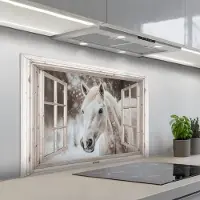 KitchenYeah Spatscherm 100x65 cm - Zelfklevende achterwand Paard - Wit - Winter - Sneeuw - Doorkijk - Dieren - Keuken muurbeschermer - Spatwand fornuis
