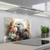 KitchenYeah Spatscherm 70x50 cm - Zelfklevende achterwand Arend - Adelaar - Vogel - Bloemen - Natuur - Keuken muurbeschermer - Spatwand fornuis