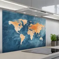 KitchenYeah Spatscherm 120x80 cm - Zelfklevende achterwand Wereldkaart - Olieverfschilderij - Blauw - Oranje - Keuken muurbeschermer - Spatwand fornuis