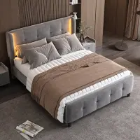 OKWISH Bed - 140x200 - Gestoffeerd Bed Met 16-Kleurige LED En Hoofdbord In Drie Hoogtes - Fluweel - Grijs