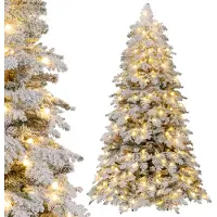 Costway Kunstkerstboom van 180 cm met verlichting en sneeuw, dennenboom met 130 fonkelende ballen, warmwitte ledlampen, 8 lichtmodi en metalen standaard, kerstboom