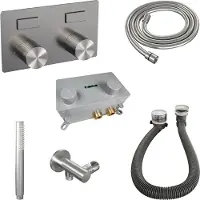 Brauer Stripe thermostatische inbouw badkraan met drukknoppen SET 03 met badvulcombinatie en staaf handdouche en doucheslang en wandaansluitbocht RVS-kleurig geborsteld PVD