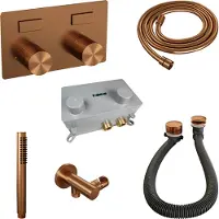 Brauer Stripe thermostatische inbouw badkraan met drukknoppen SET 03 met badvulcombinatie en staaf handdouche en doucheslang en wandaansluitbocht koper geborsteld PVD
