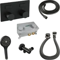 Brauer Stripe thermostatische inbouw badkraan met drukknoppen SET 04 met badvulcombinatie en 3-standen handdouche en doucheslang en wandaansluitbocht mat zwart