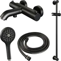 Brauer Stripe Opbouw Bad Thermostaatkraan Glijstangset - Met 3-standen Handdouche - Mat Zwart - Messing - Kranen, Badkranen, Opbouw Badkranen