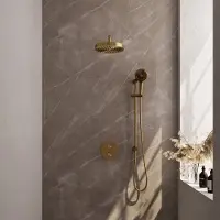 Brauer Stripe Inbouw Regendoucheset Rond - Gebogen Wandarm - 3-standen Handdouche - Glijstang - Geborsteld Goud PVD - Messing - Kranen, Douchekranen, - Kranen, Douchekranen, Douchesets, Inbouw